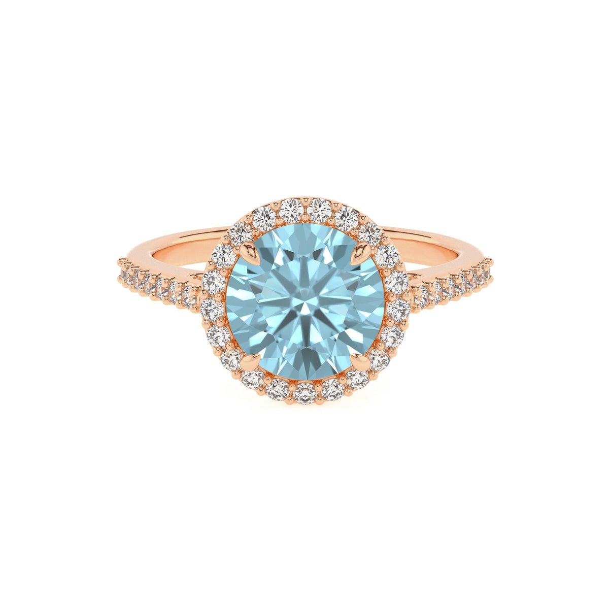 lab grown aquamarine round solitaire rings in rose gold 