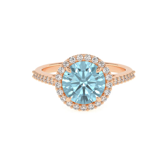lab grown aquamarine round solitaire rings in rose gold 