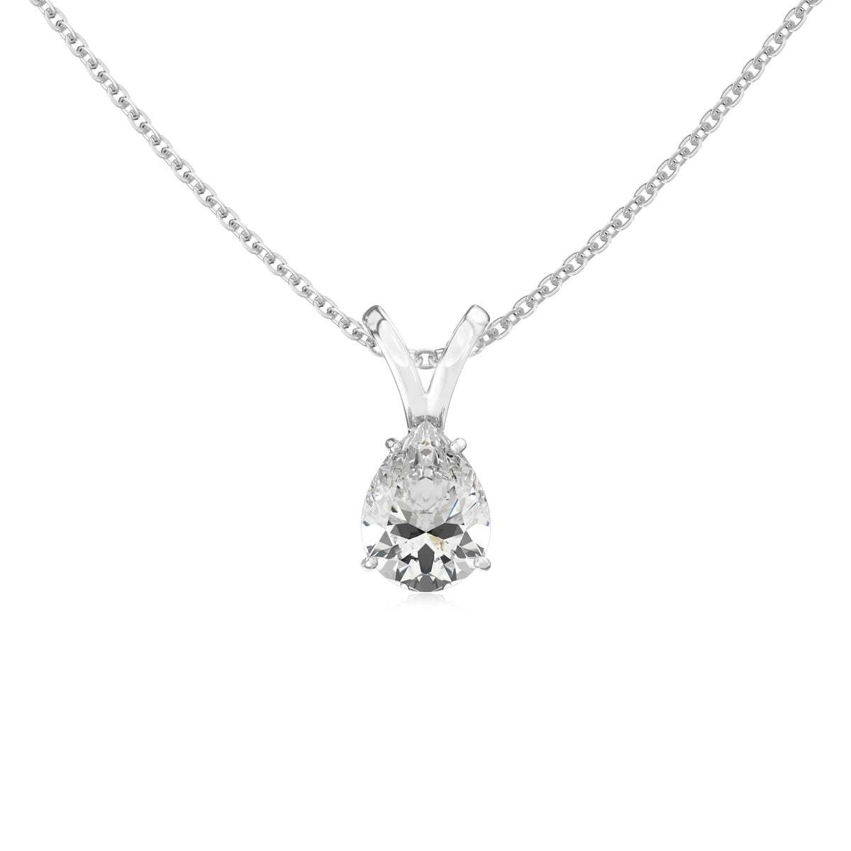 lab grown moissanite pear solitaire v-bale necklaces in sterling silver 