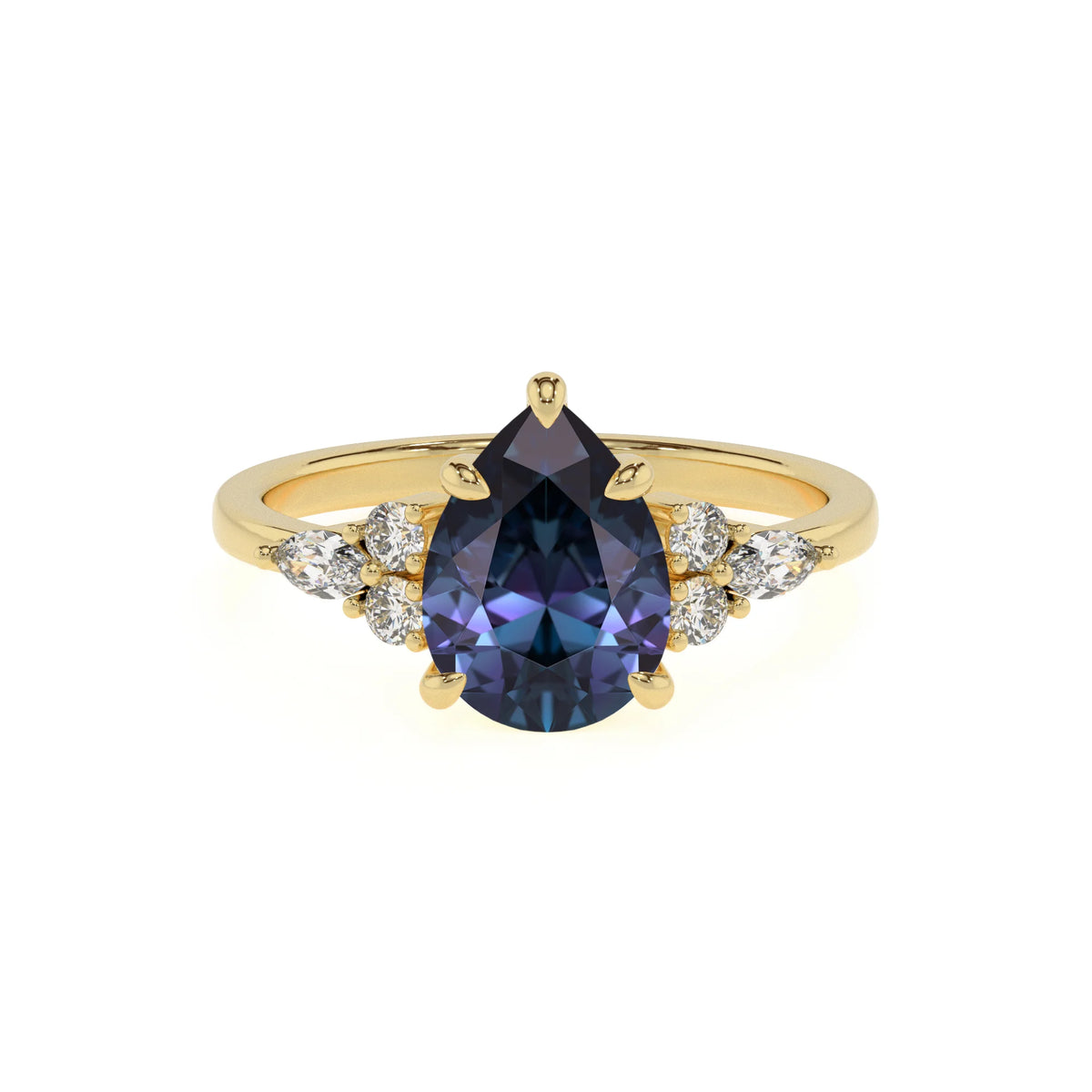 lab grown alexandrite pear solitaire rings in yellow gold 