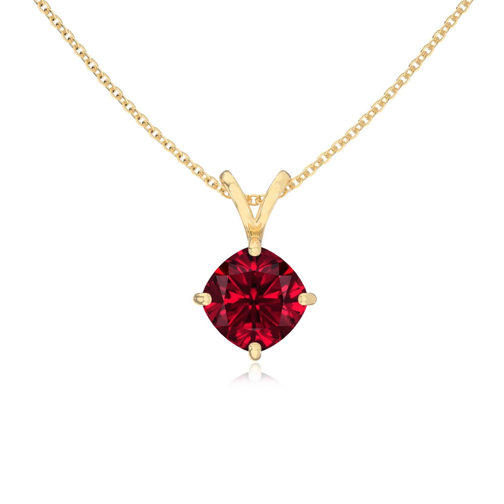 lab grown ruby cushion solitaire v-bale necklaces in yellow gold 