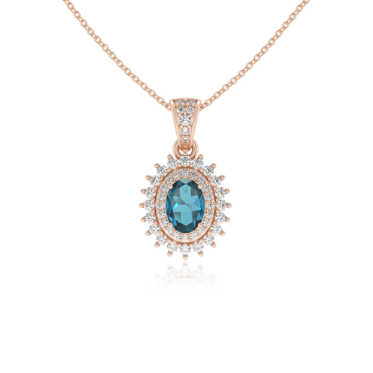natural london-blue-topaz oval halo necklaces in rose gold 