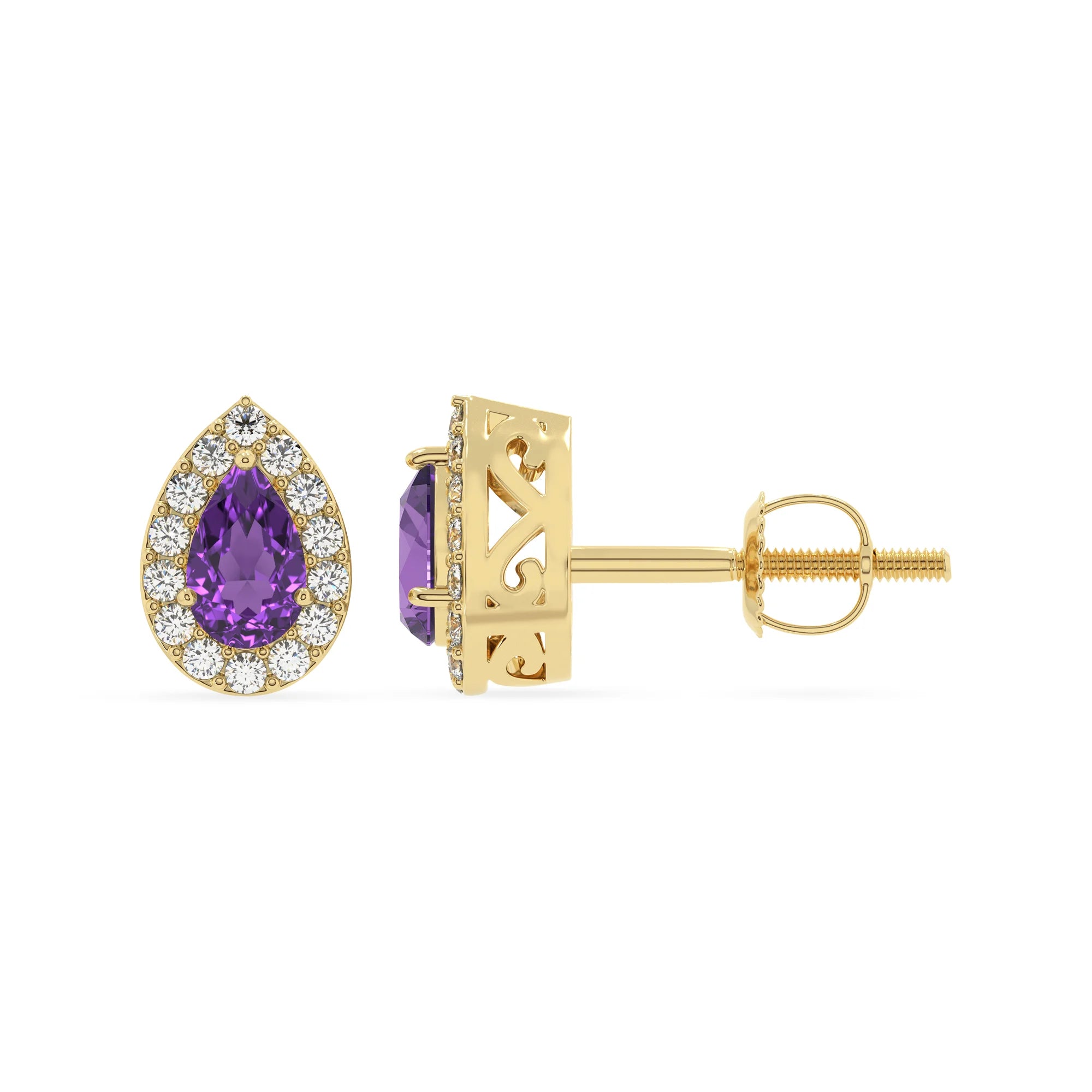 lab grown amethyst pear stud earrings in yellow gold 