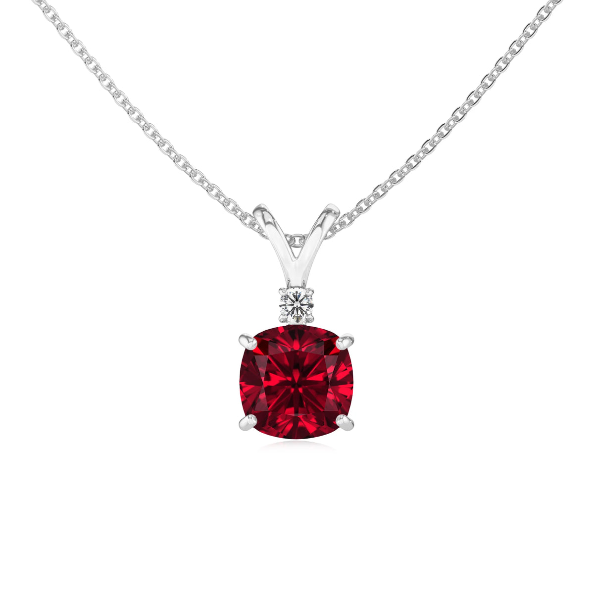 lab grown ruby cushion solitaire v-bale necklaces in platinum 