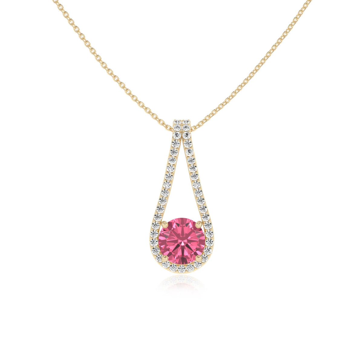 lab grown pink-tourmaline round solitaire v-bale necklaces in yellow gold 