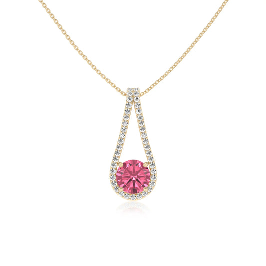 lab grown pink-tourmaline round solitaire v-bale necklaces in yellow gold 