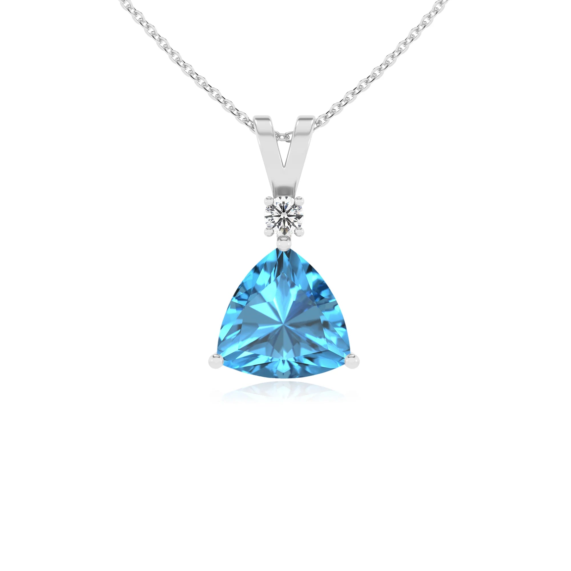 natural swiss-blue-topaz trillion solitaire v-bale necklaces in platinum 