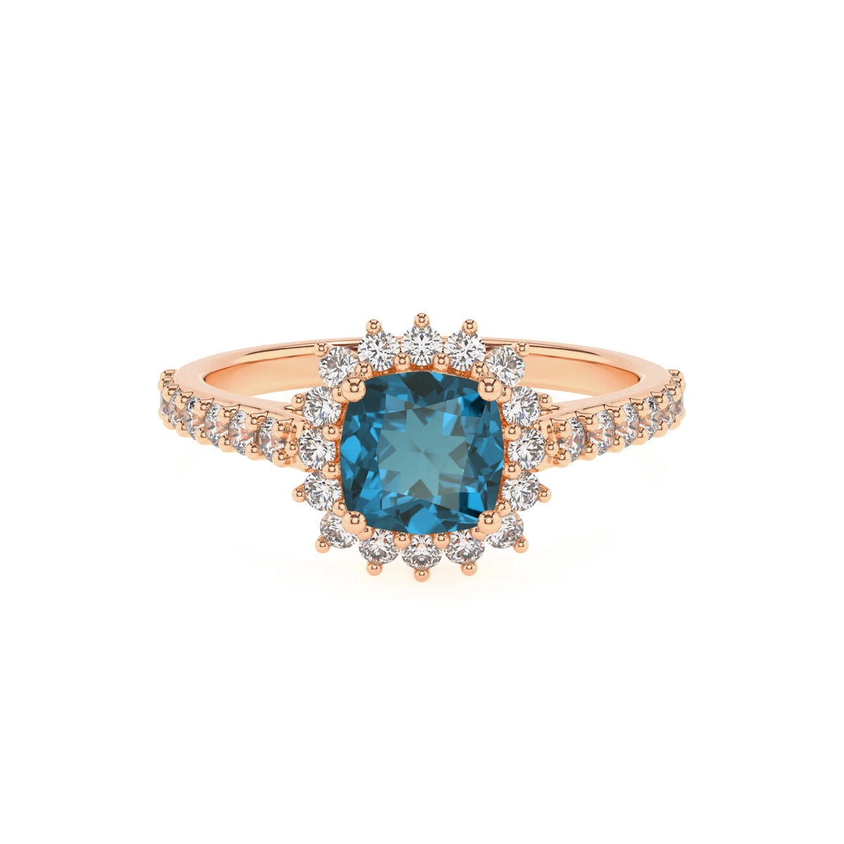 natural london-blue-topaz cushion solitaire rings in rose gold 
