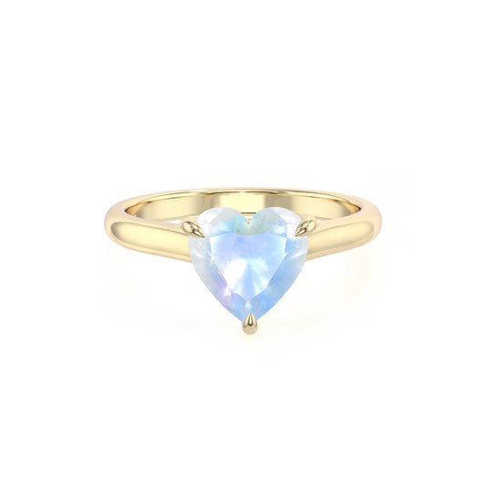 natural rainbow-moonstone heart solitaire rings in yellow gold 