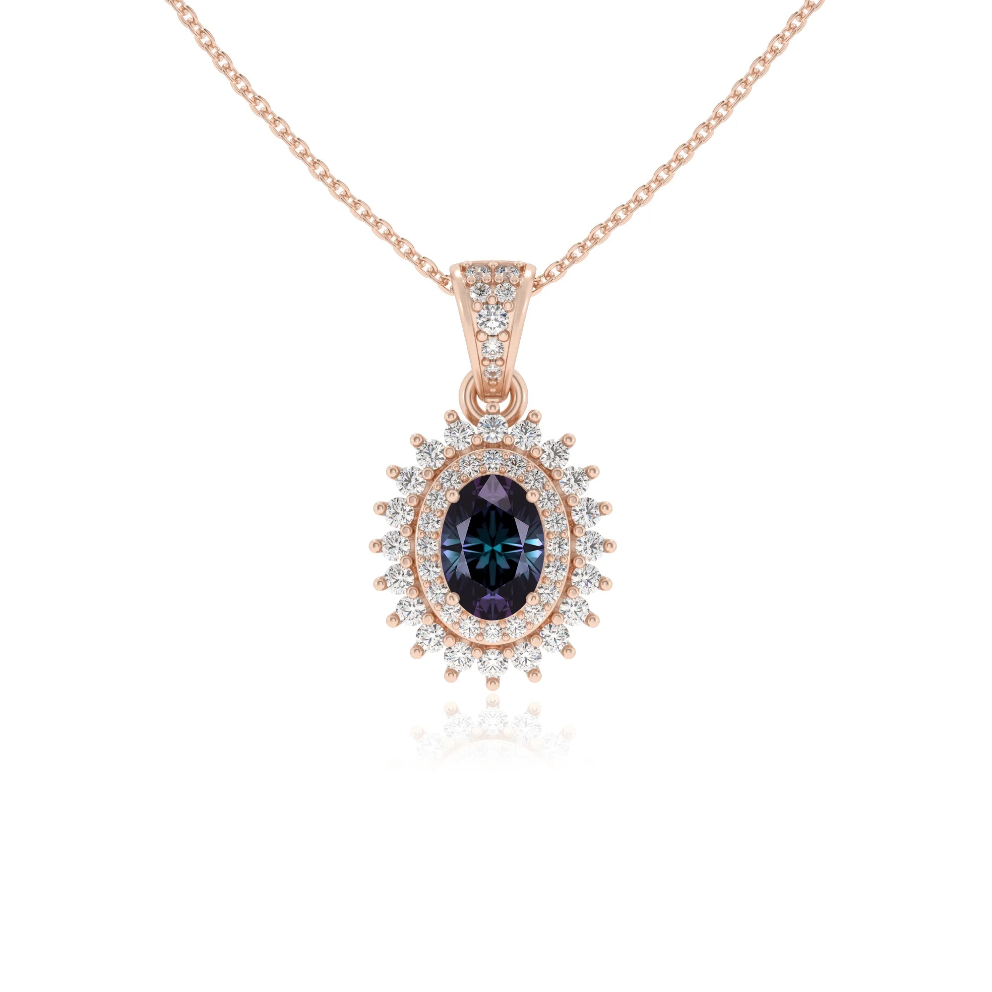 lab grown alexandrite oval halo necklaces in rose gold 