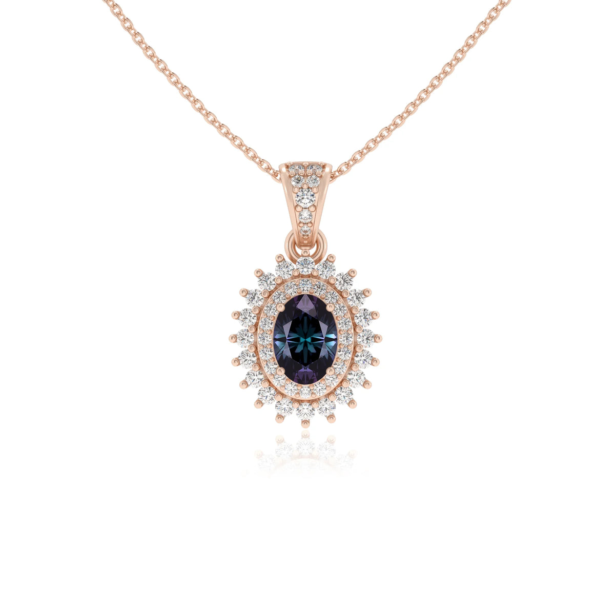 lab grown alexandrite oval halo necklaces in rose gold 