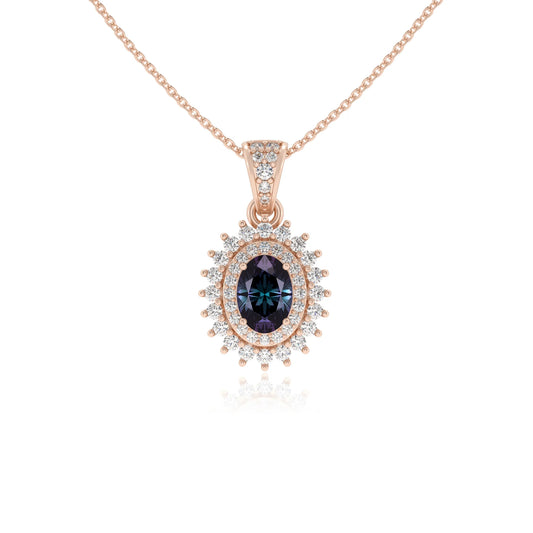 lab grown alexandrite oval halo necklaces in rose gold 