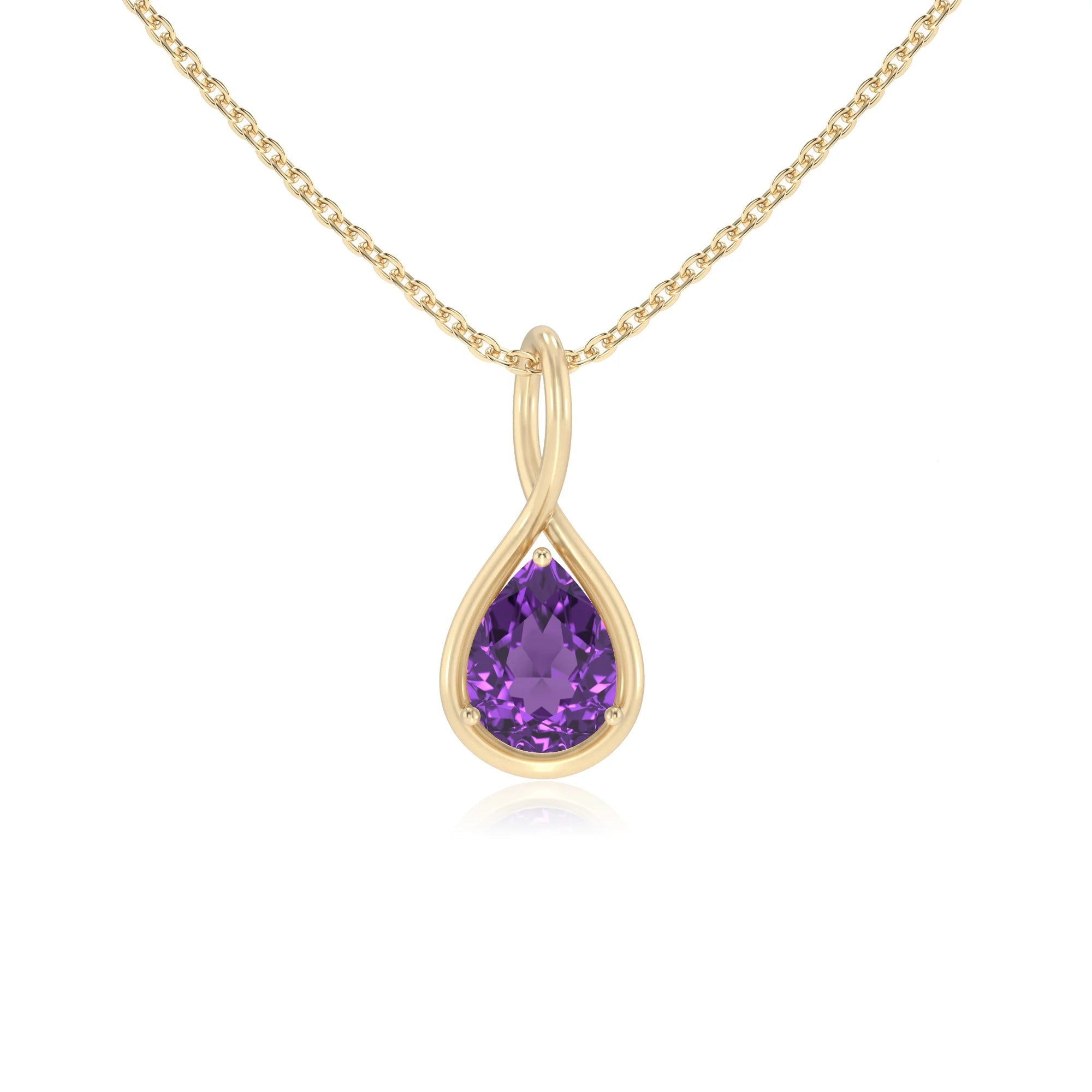 lab grown amethyst pear solitaire necklaces in yellow gold 