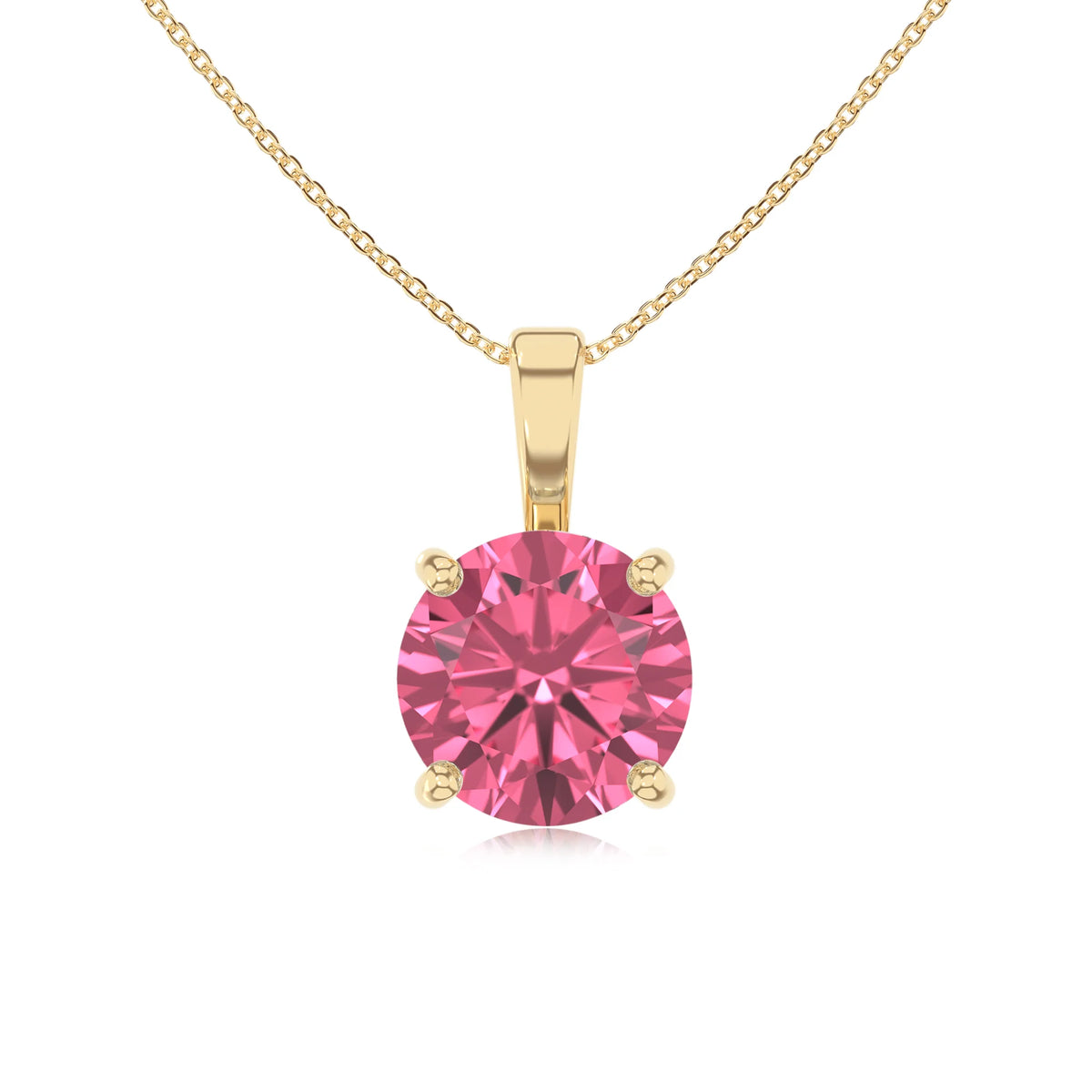 lab grown pink-tourmaline round solitaire necklaces in yellow gold 