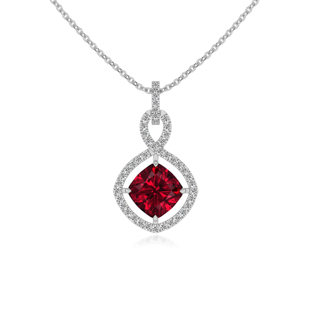 lab grown ruby cushion infinity necklaces in sterling silver 
