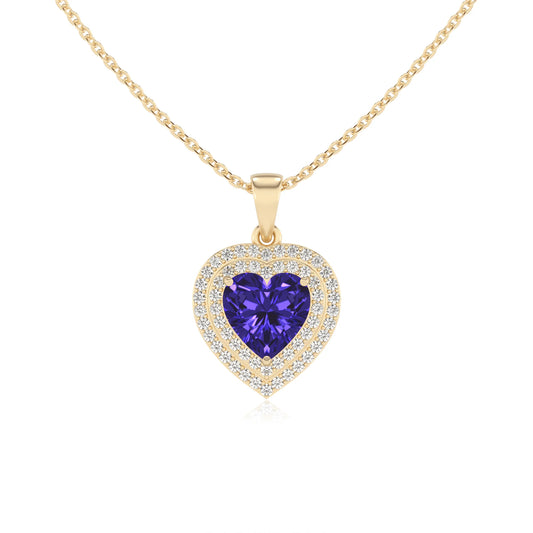 lab grown tanzanite heart halo necklaces in yellow gold 
