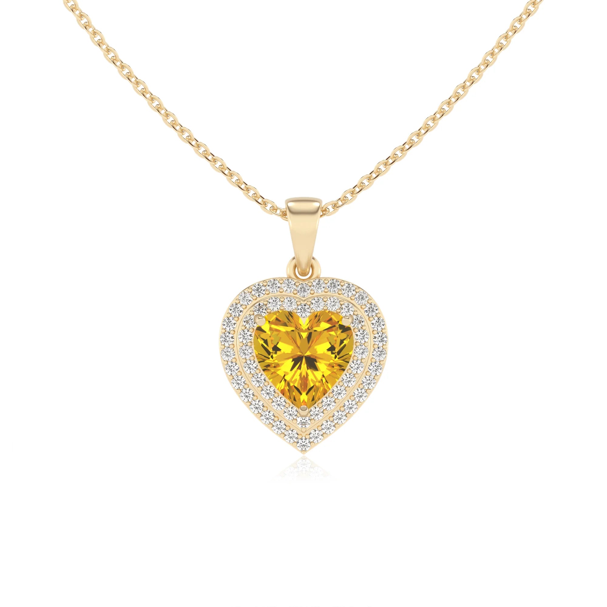 lab grown yellow sapphire heart halo necklaces in yellow gold 