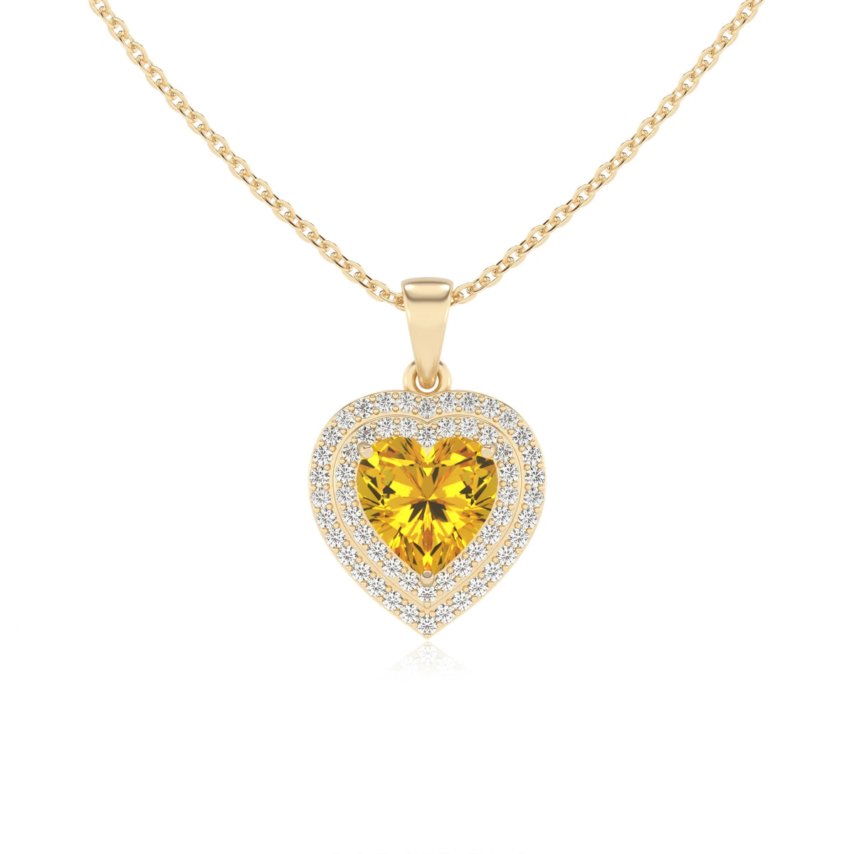 lab grown yellow sapphire heart halo necklaces in yellow gold 