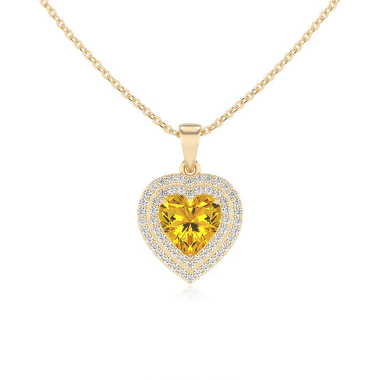 lab grown yellow sapphire heart halo necklaces in yellow gold 