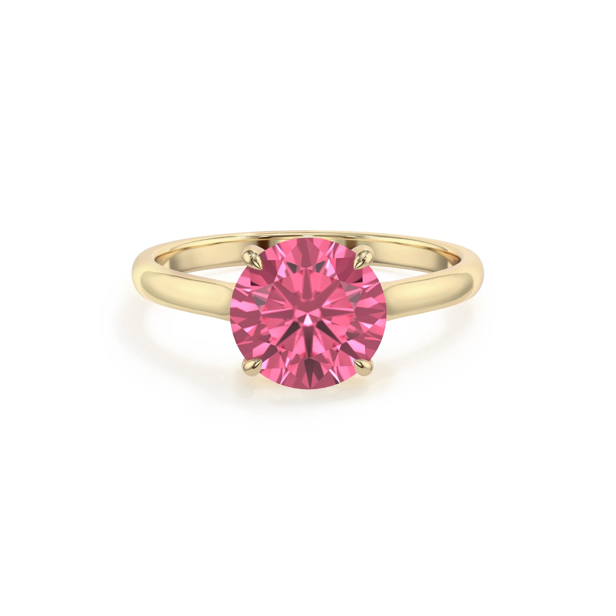lab grown pink-tourmaline round solitaire rings in yellow gold 