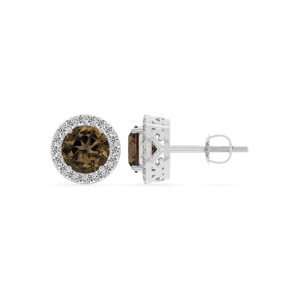 natural smoky quartz round stud earrings in white gold 