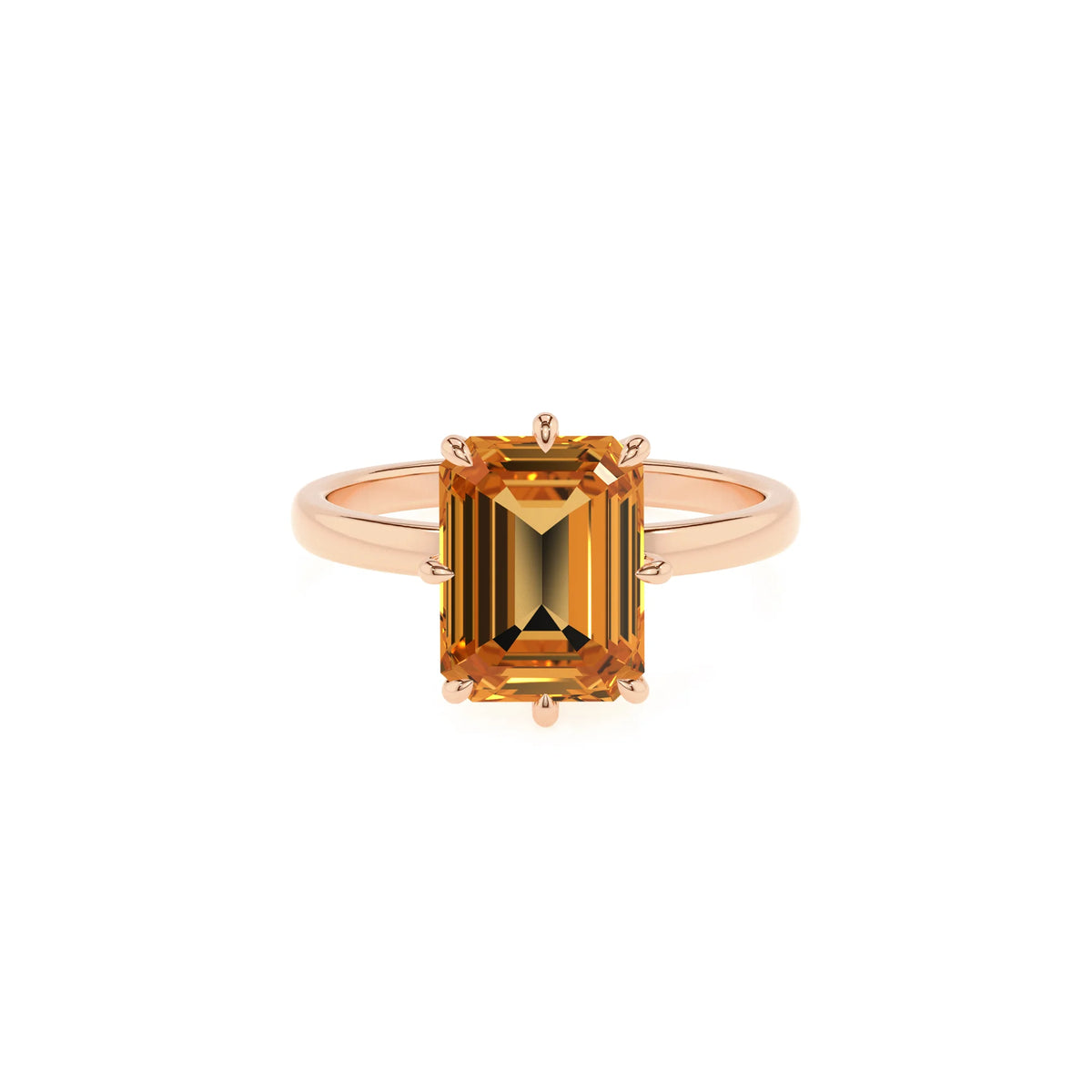 lab grown citrine emerald cut solitaire rings in rose gold 