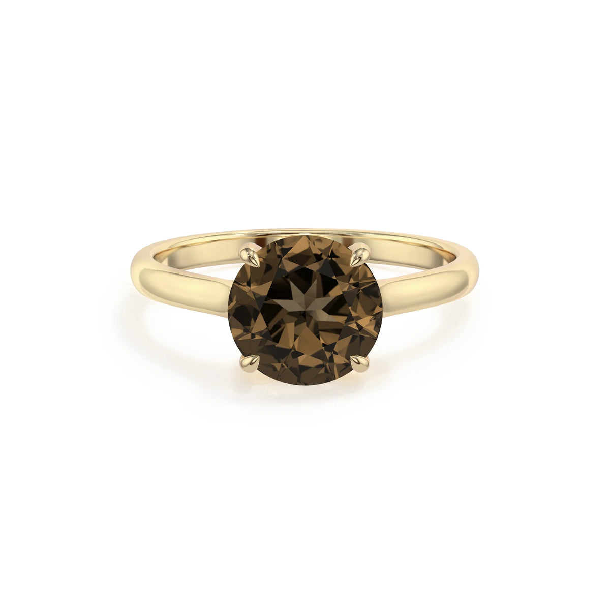 natural smoky-quartz round solitaire rings in yellow gold 
