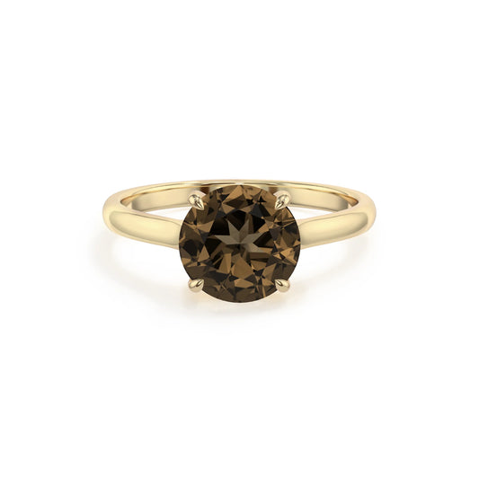 natural smoky-quartz round solitaire rings in yellow gold 