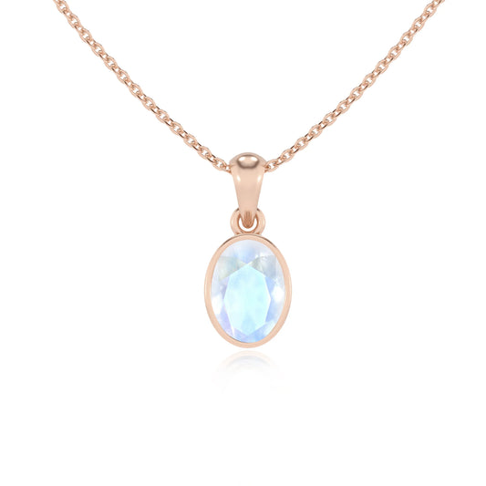natural rainbow-moonstone oval solitaire necklaces in rose gold 