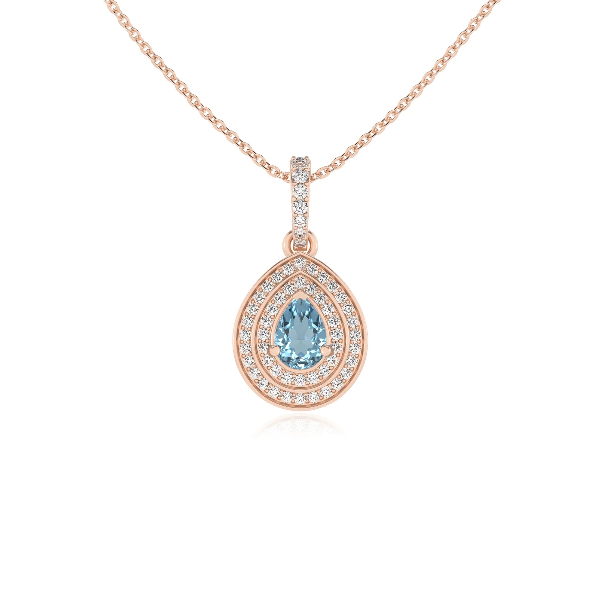 lab grown aquamarine pear halo necklaces in rose gold 