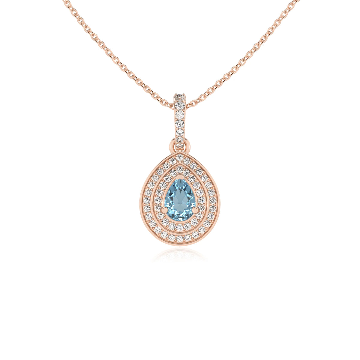 lab grown aquamarine pear halo necklaces in rose gold 