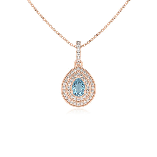 lab grown aquamarine pear halo necklaces in rose gold 