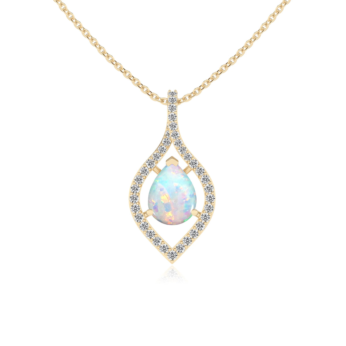 lab grown opal pear infinity necklaces in yellow gold 