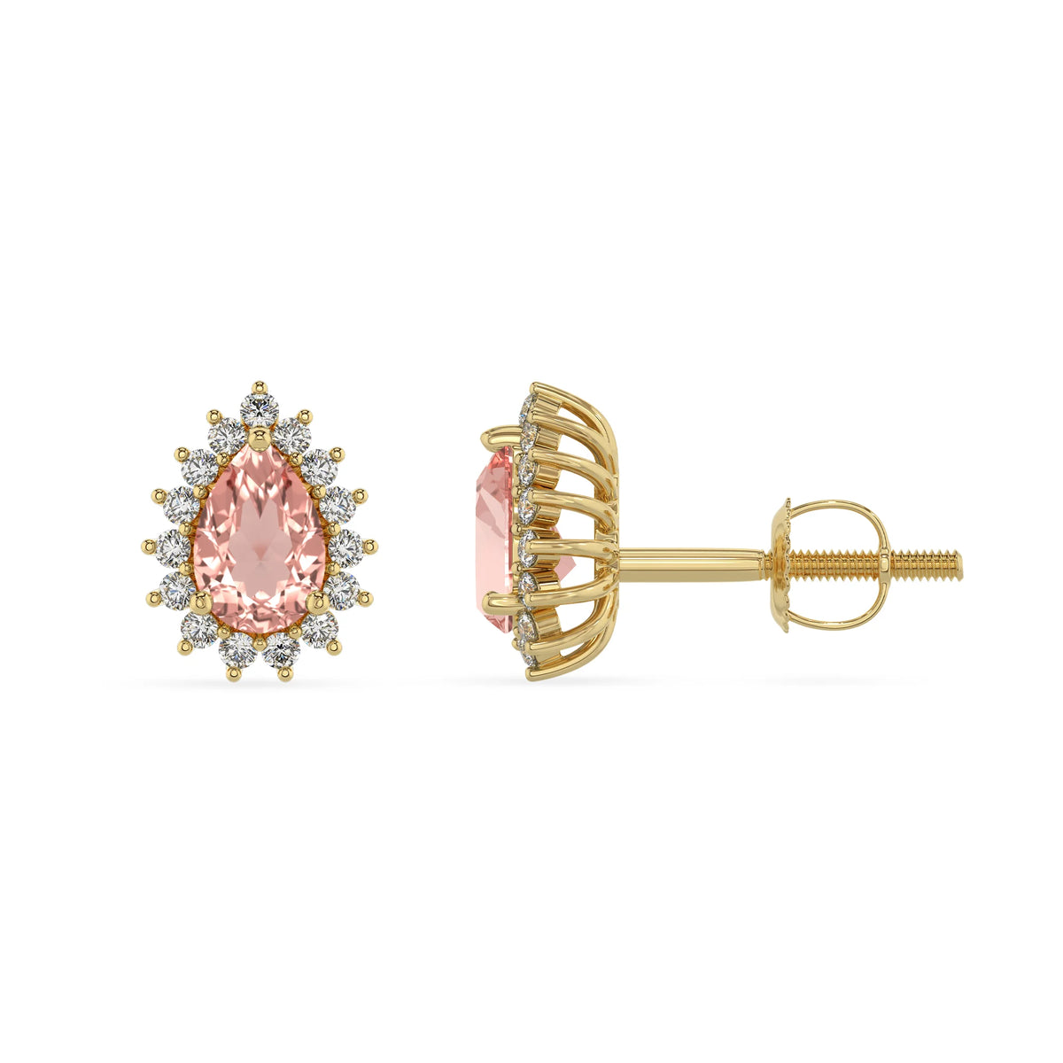 lab grown morganite pear stud earrings in yellow gold 