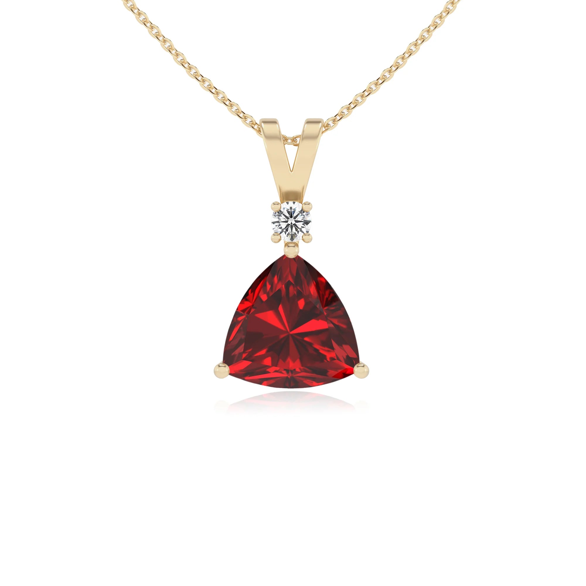 lab grown ruby trillion solitaire v-bale necklaces in yellow gold 