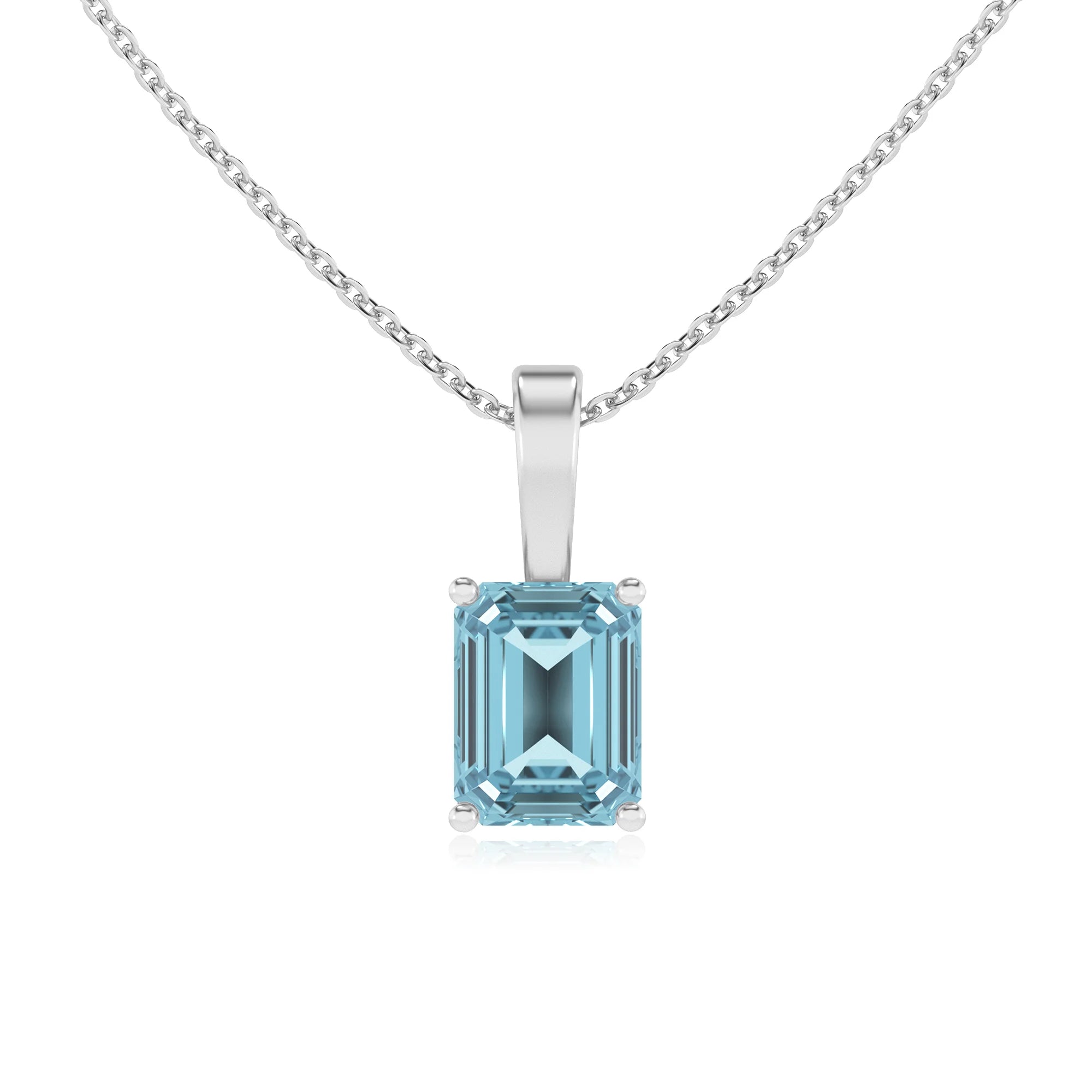 lab grown aquamarine emerald cut solitaire necklaces in sterling silver 