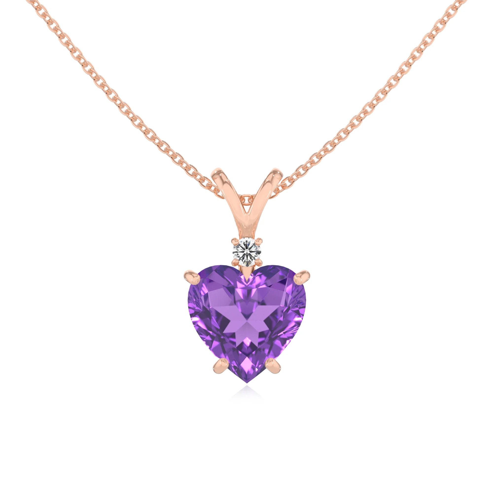 lab grown amethyst heart solitaire v-bale necklaces in rose gold 