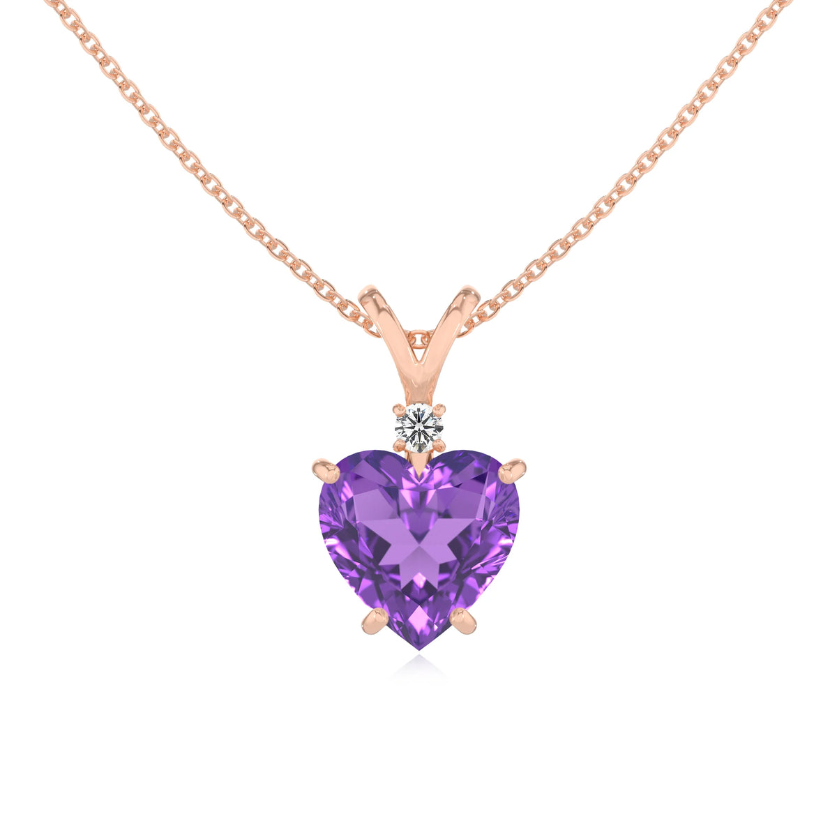 lab grown amethyst heart solitaire v-bale necklaces in rose gold 