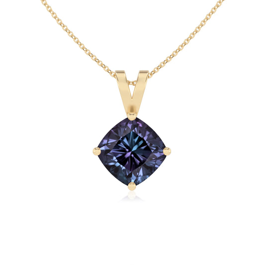 lab grown alexandrite cushion solitaire v-bale necklaces in yellow gold 