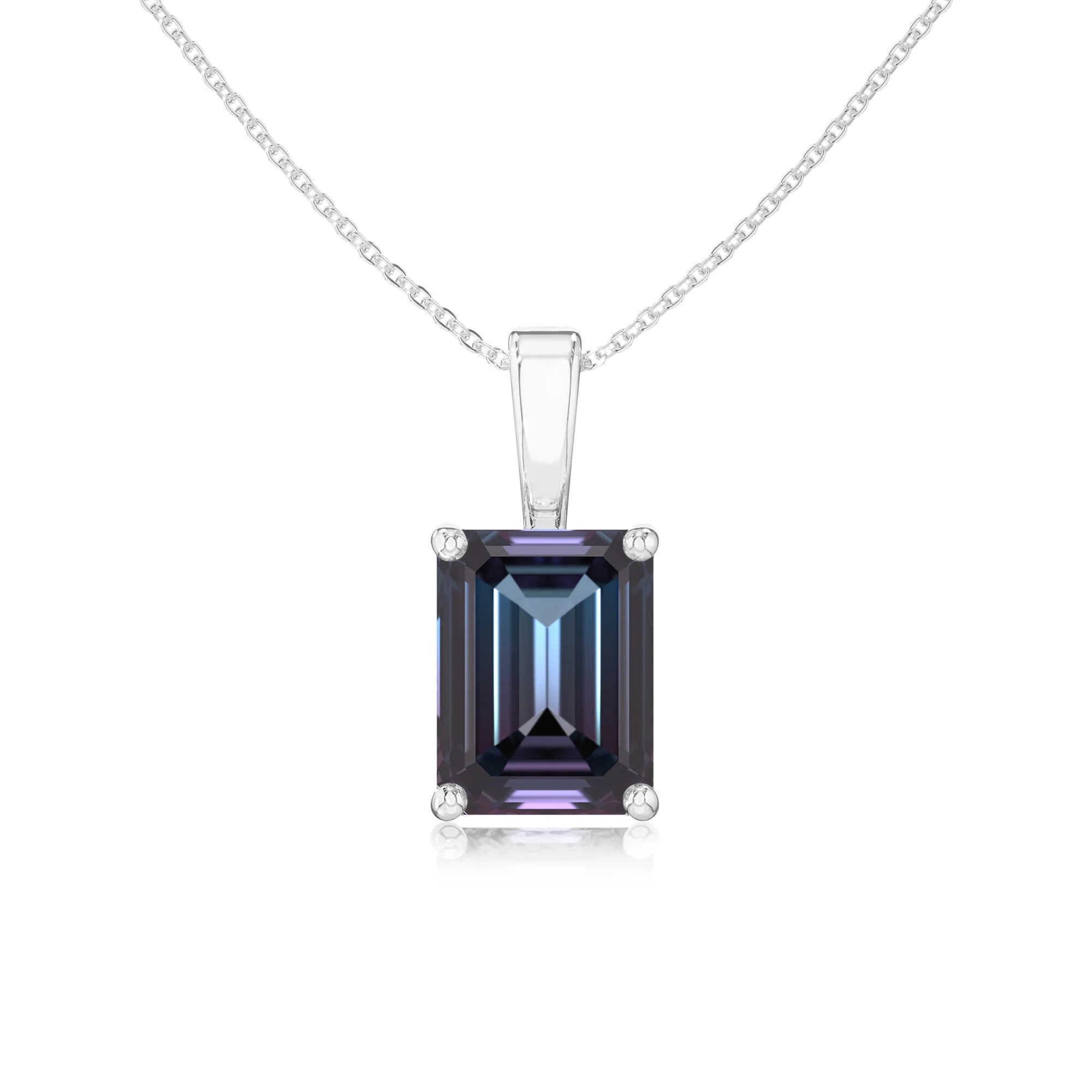 lab grown alexandrite emerald cut solitaire necklaces in white gold 
