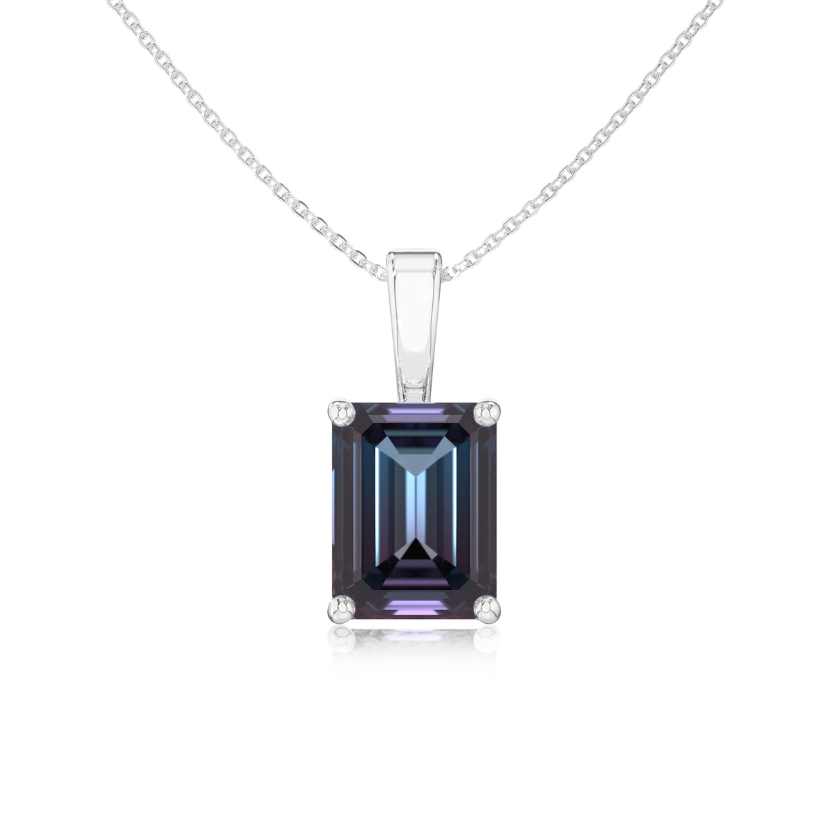 lab grown alexandrite emerald cut solitaire necklaces in white gold 