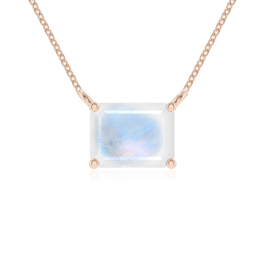 natural rainbow-moonstone emerald cut solitaire necklaces in rose gold 