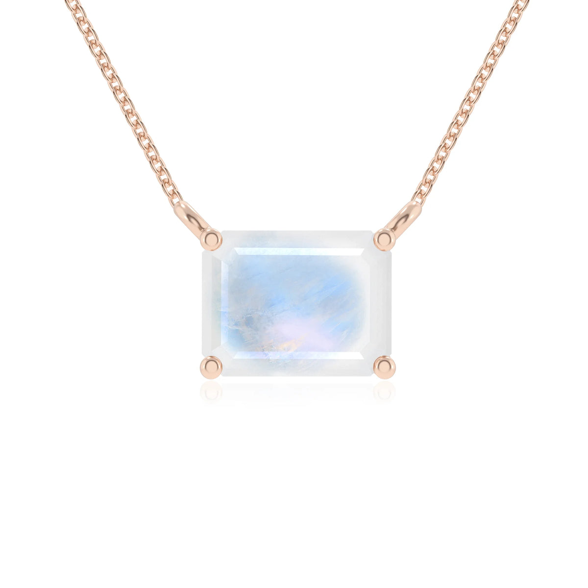 natural rainbow-moonstone emerald cut solitaire necklaces in rose gold 