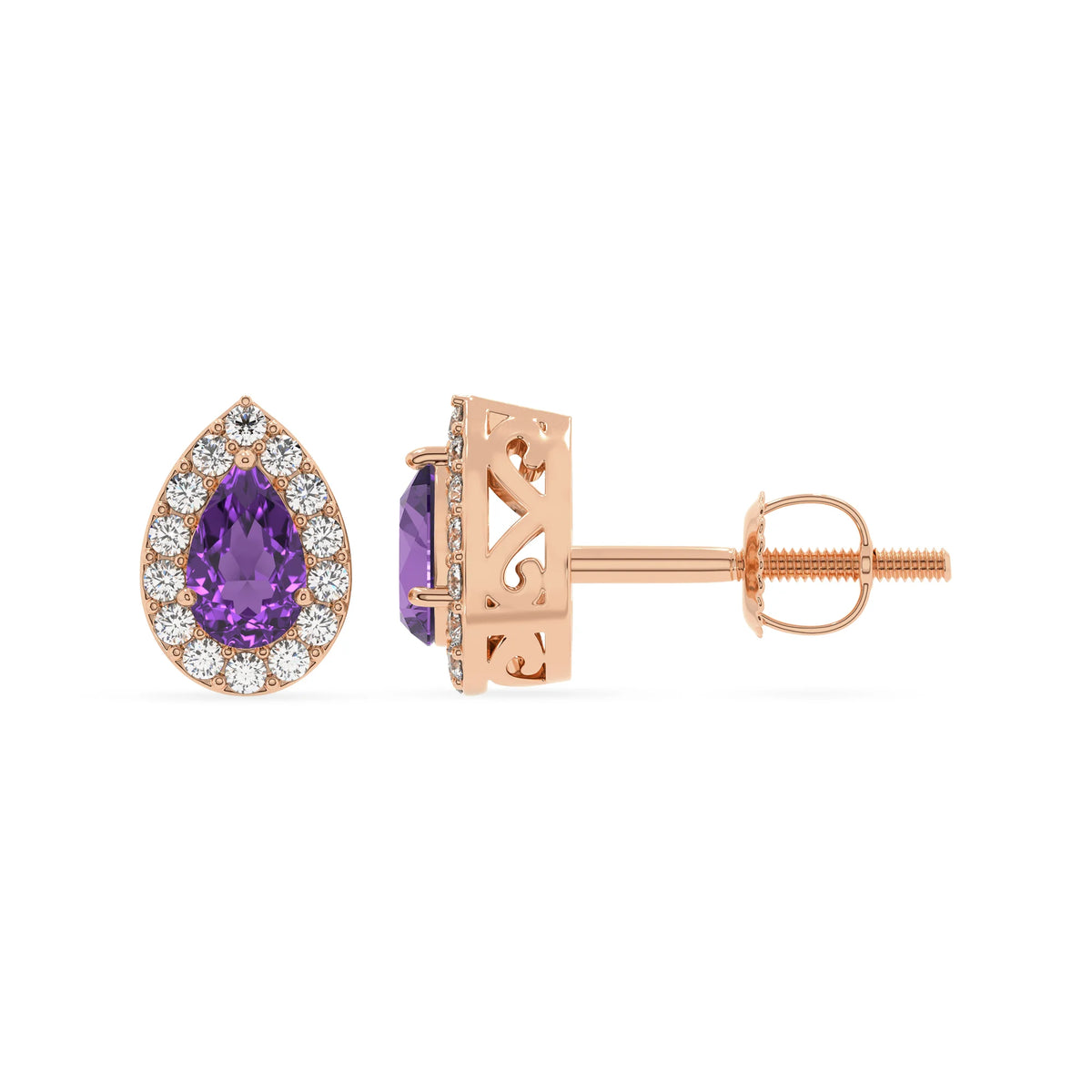 lab grown amethyst pear stud earrings in rose gold 