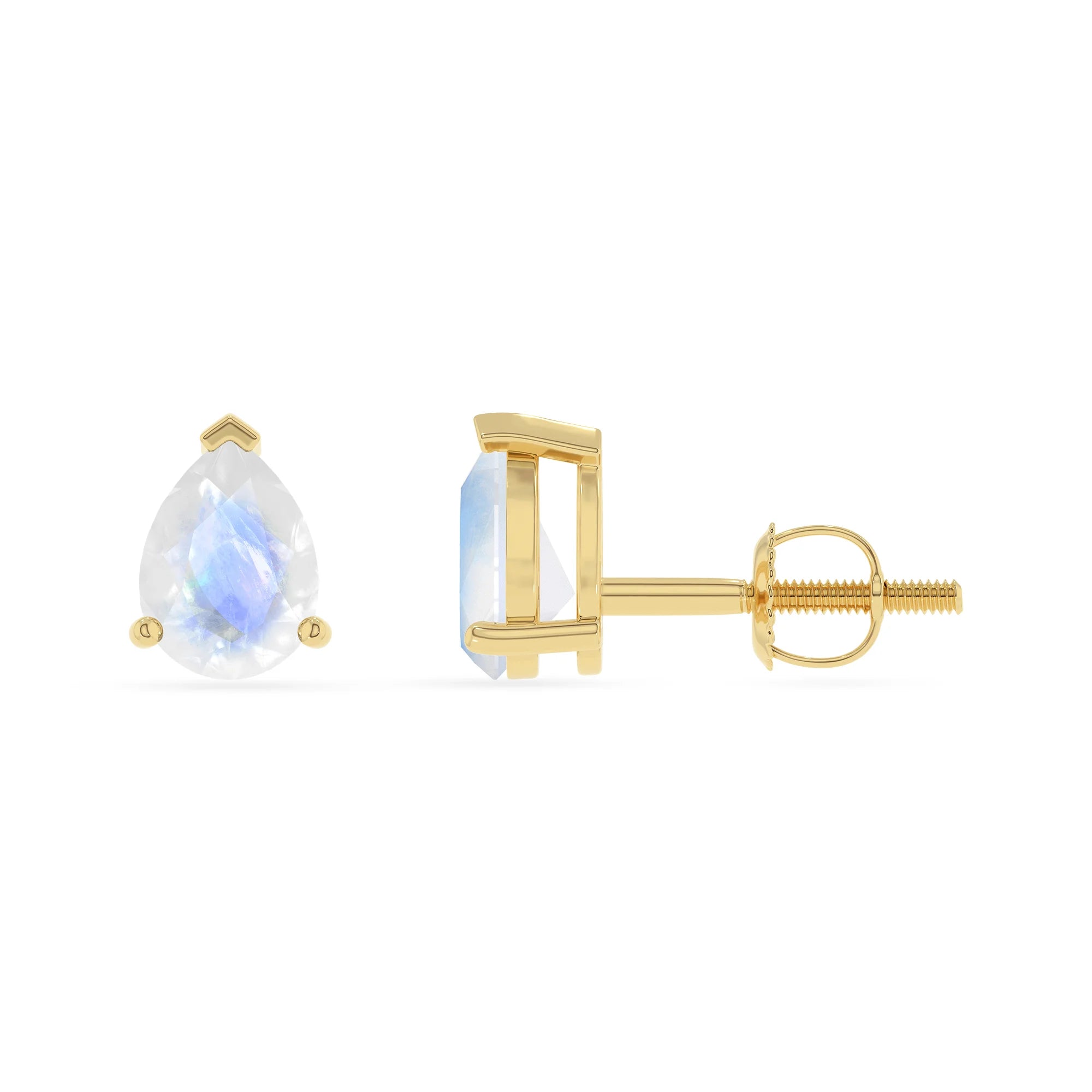 natural rainbow moonstone pear stud earrings in yellow gold 