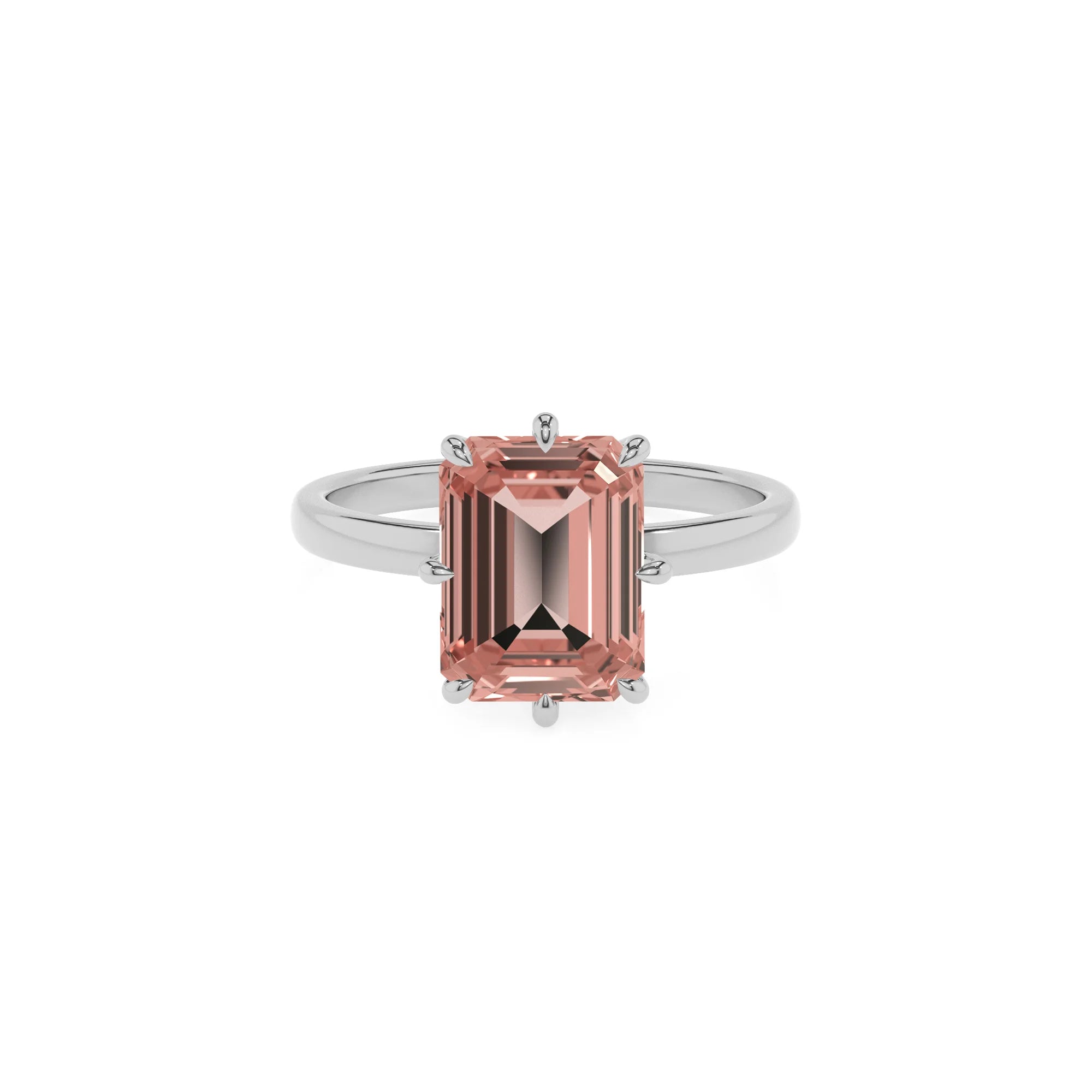 lab grown morganite emerald cut solitaire rings in white gold 