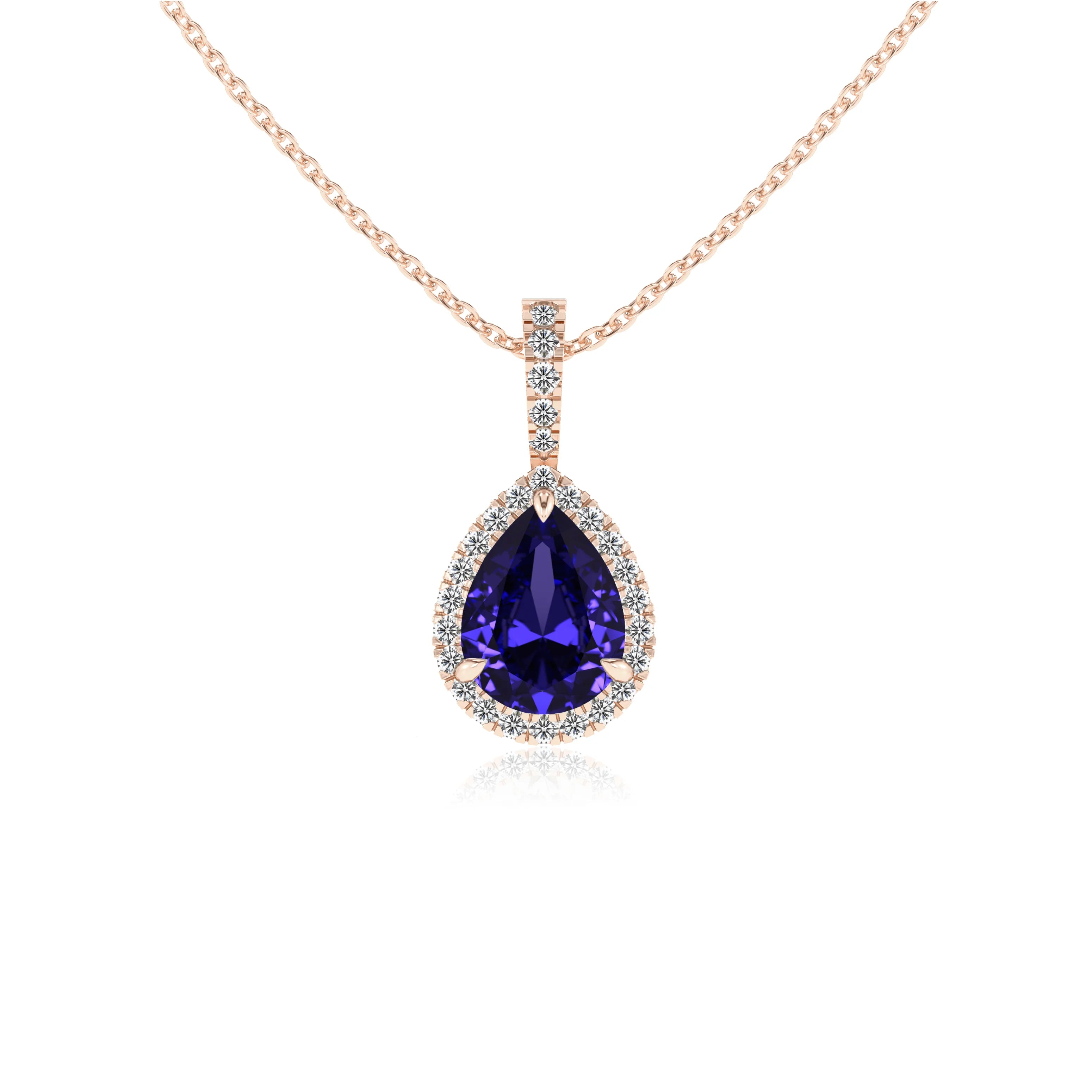 lab grown tanzanite pear solitaire necklaces in rose gold 