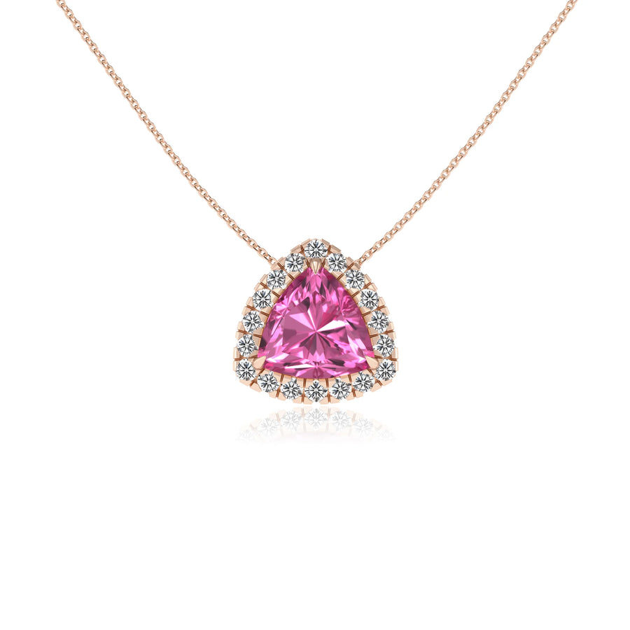 lab grown pink sapphire trillion solitaire necklaces in rose gold 