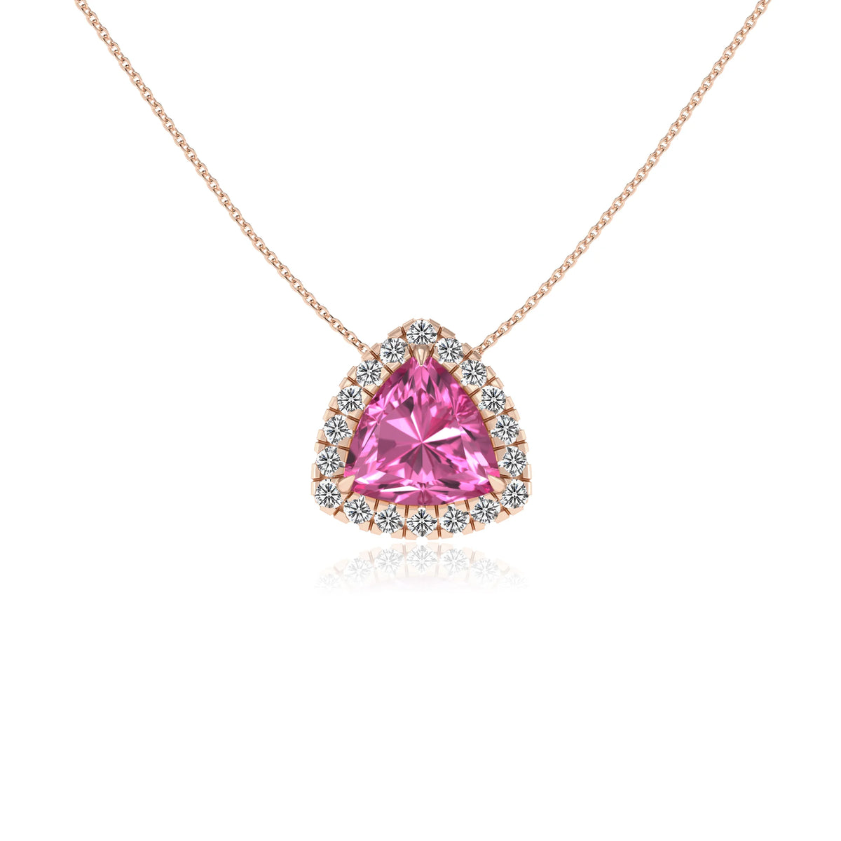 lab grown pink sapphire trillion solitaire necklaces in rose gold 