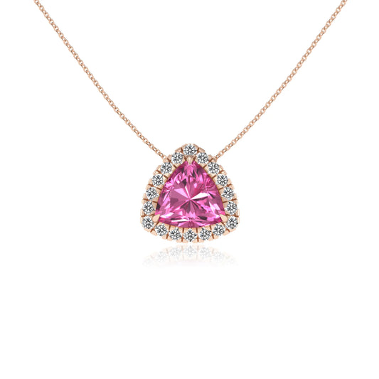 lab grown pink sapphire trillion solitaire necklaces in rose gold 